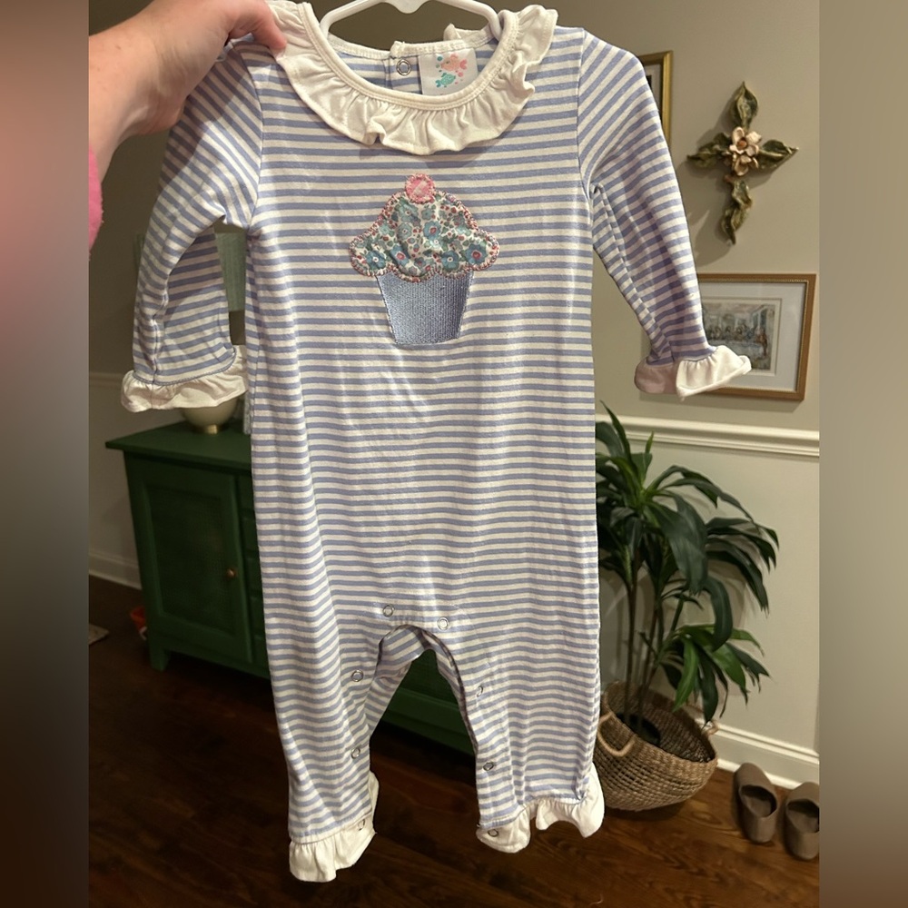 Stitchy fish Striped Blue and White Kids romper